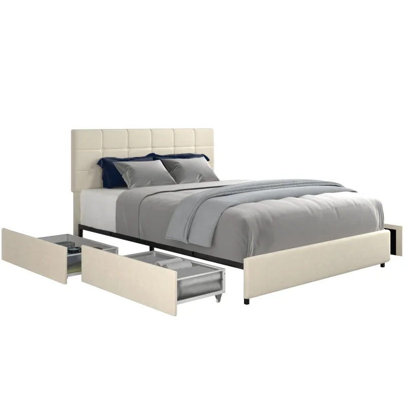 High Quality Queen Size Velvet Upholstered Platform Bed with 4 Drawers, Square Stitched Button Tufted Headboard,