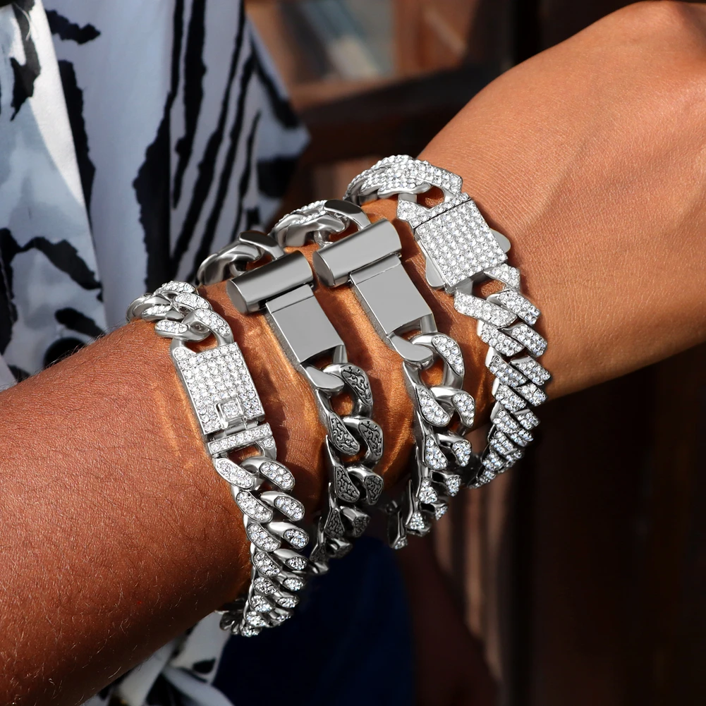 Cuban Link Bracelet for Men Women Bling Iced Out Rhinestone Paved Miami Metal Hand Chain Hip Hop Jewelry Gifts Wholesale