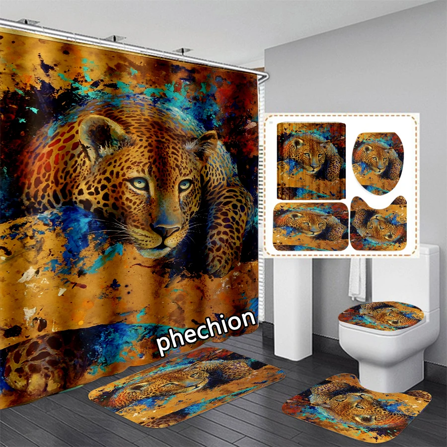 phechion New Fashion 3D Print Animal Leopard Shower Curtain Waterproof Bathroom Curtain Anti-slip Bath Mat Set Toilet Rugs VR263