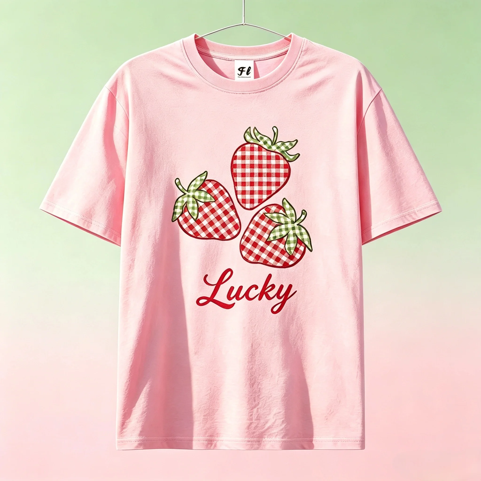Lucky Strawberry Gingham Graphic T‑Shirt Women Vintage Plaid Fruit Print Short Sleeve O‑Neck Loose Casual Summer Tee