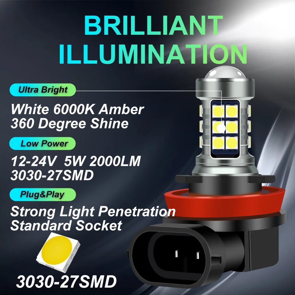 LED電球,h8,h11,hb4,hb3,9006,3030smd,9005 lm,6000k,12V,白,ドライビングランプ,2個