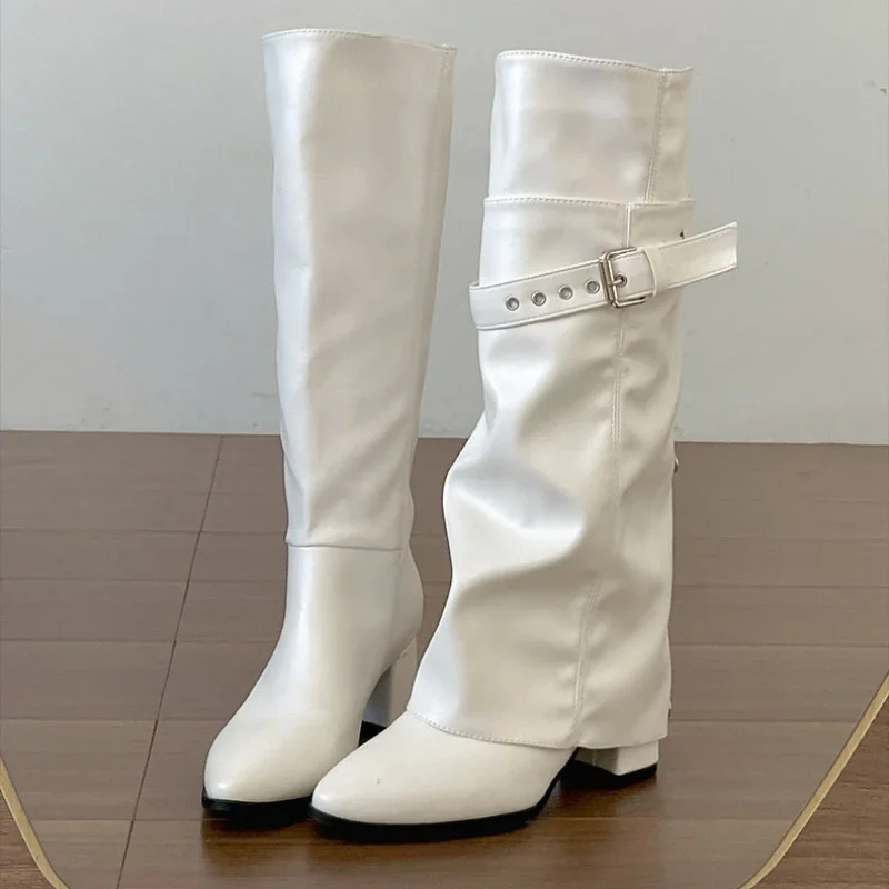 Design Women Knee High Boots Metal Buckle Strap Rivet Decor Pointed Toe Square Heel Autumn Ladies Daily Leather Long Booties