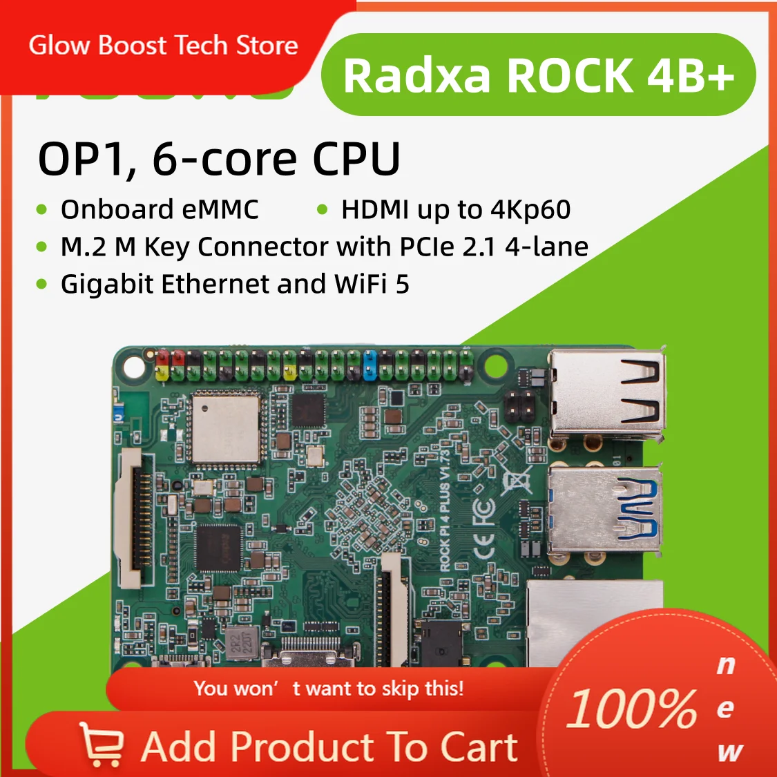 NYRadxa ROCK 4B Plus OP1 RK3399 6 Core 4K Single Board Computer PCIe 2 1 and Dual WiFi 5 Gigabit Ethernet with Metal Case