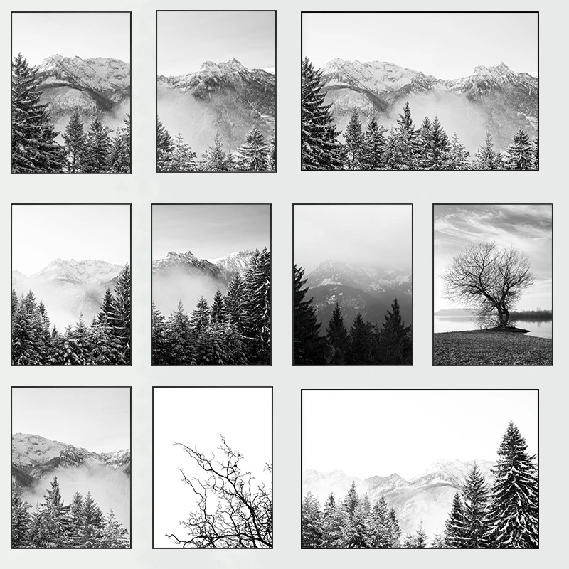 Black White Winter Ski Depressed Mountains Landscape Nordic Poster and Print Canvas Painting Wall Art Pictures Modern Home Decor