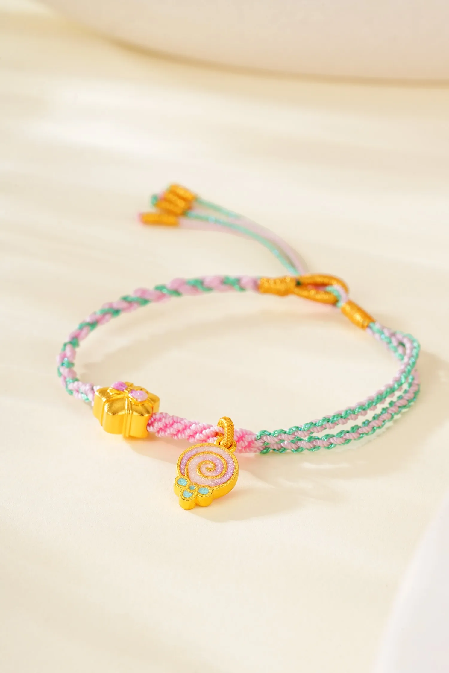

Lium Gems 24K Gold Vermeil Hand-woven Knotted Cute Candy and Lollipop Adjustabl Rope Bracelet for Women Girls 925 Silver gifts