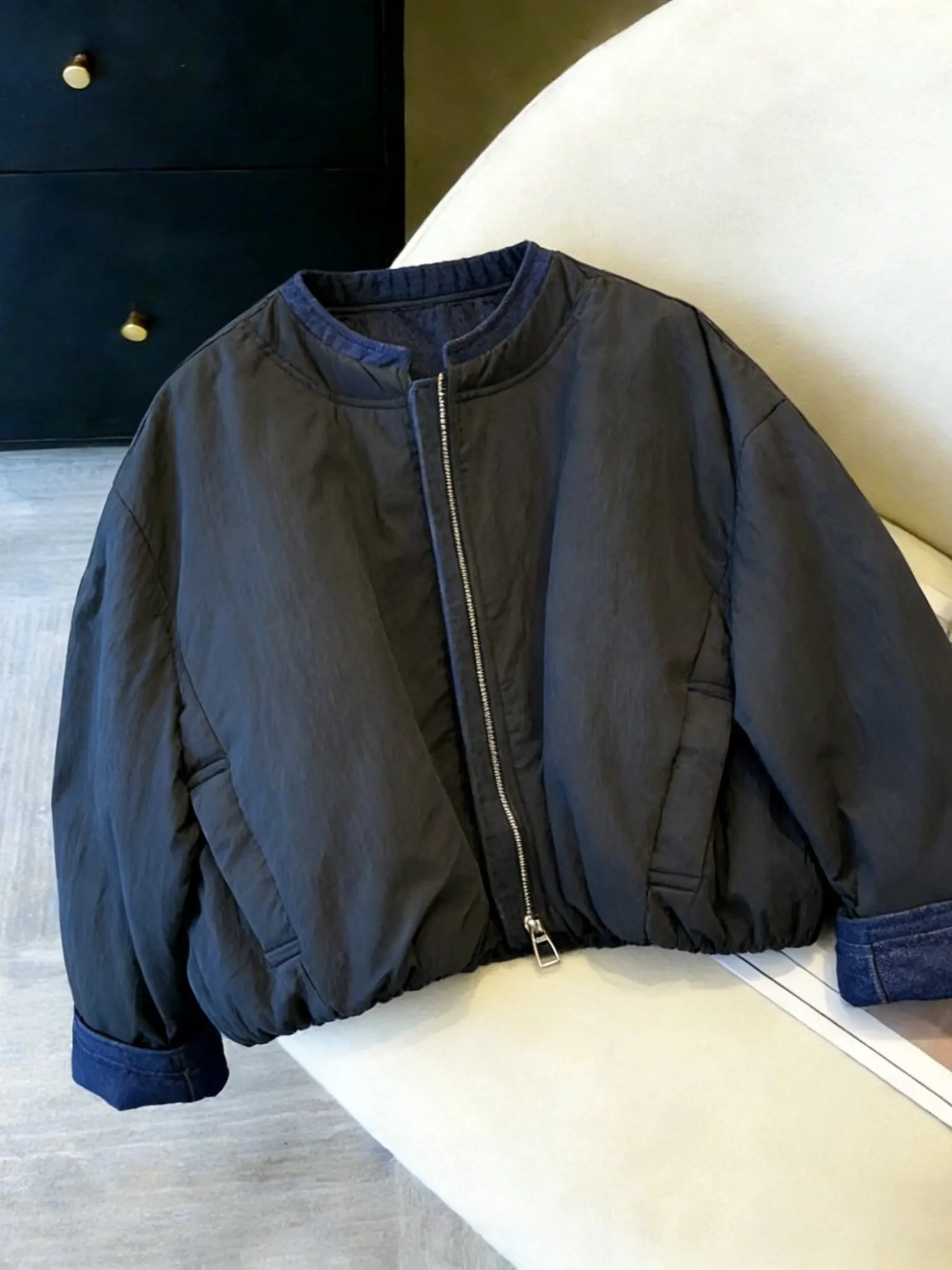 

Spring 2026 Women's Casual Denim Patchwork Cotton Jacket Loose Fitting Unique Design Sense Outerwear Thickened Long Sleeve