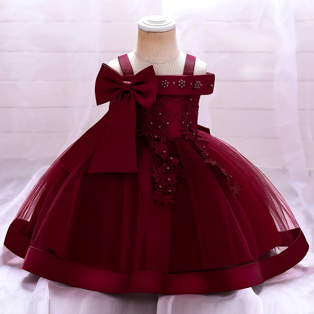 Bow Summer Dresses Infant Baby Girl Birthday Party Dress Lace Flower Newborn Princess Clothes Toddler Baby Girls Wedding Gown