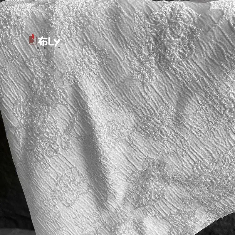 White Floral 3D Jacquard Textured Fabric for Designer Luxury Dress Gown Bag Coat Sewing Material