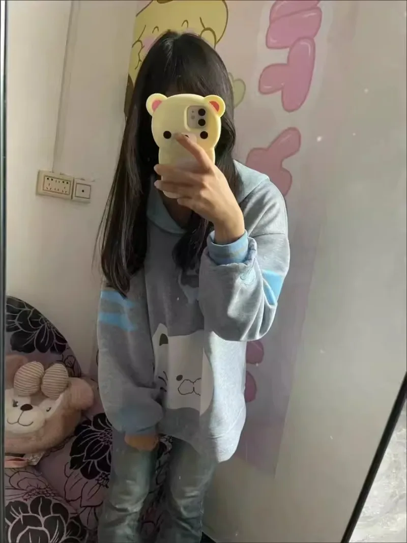 Japanese Sweet Cute Cute House Cat Element Embroidered Navy Collar Sweater Gray Loose Top Jacket For Women
