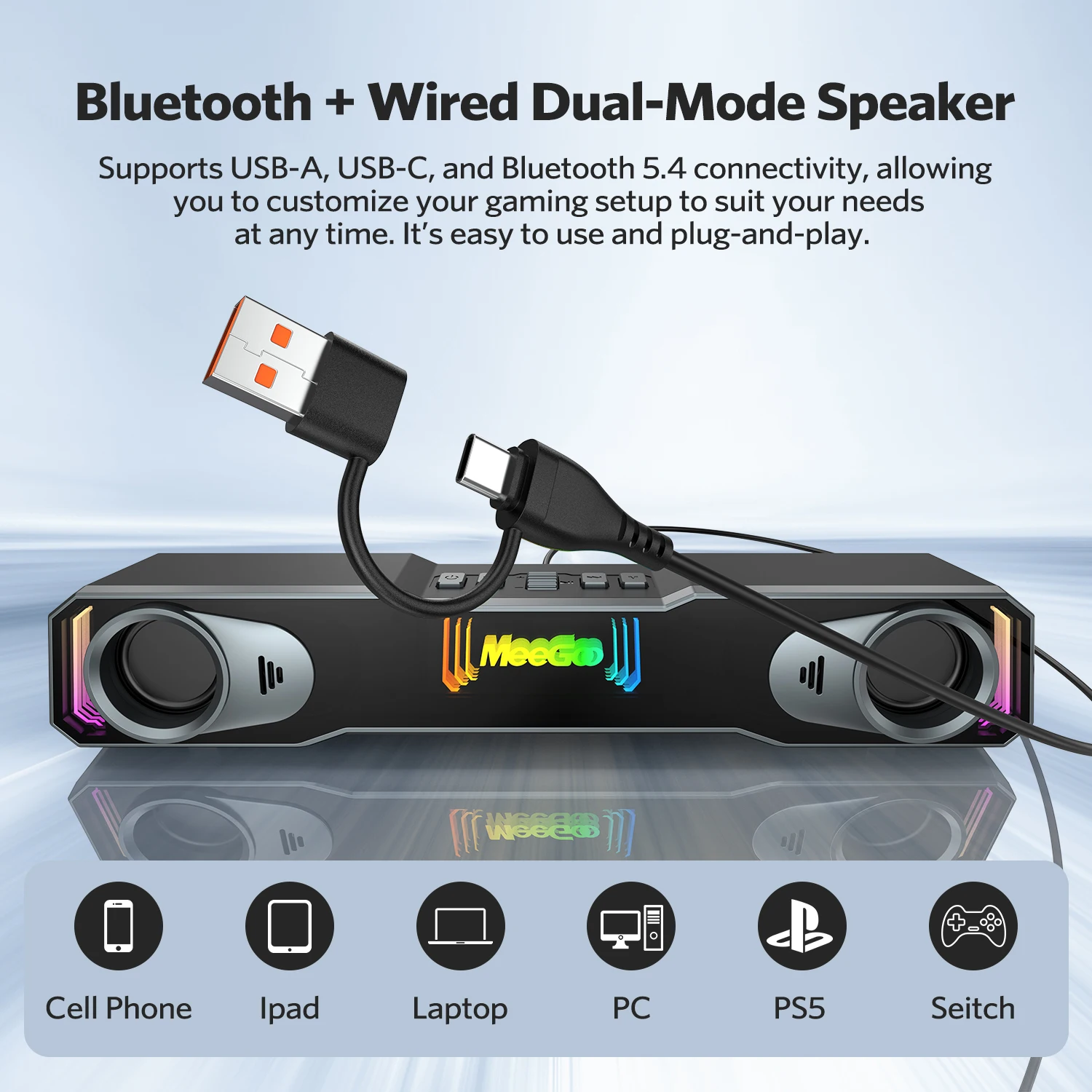 Abyss Mirror RGB Gaming Soundbar 2x5W Stereo Bluetooth 5.4 USB Type-C 3.5mm Mic Headphone Jack Volume Knob for PC Desktop Laptop