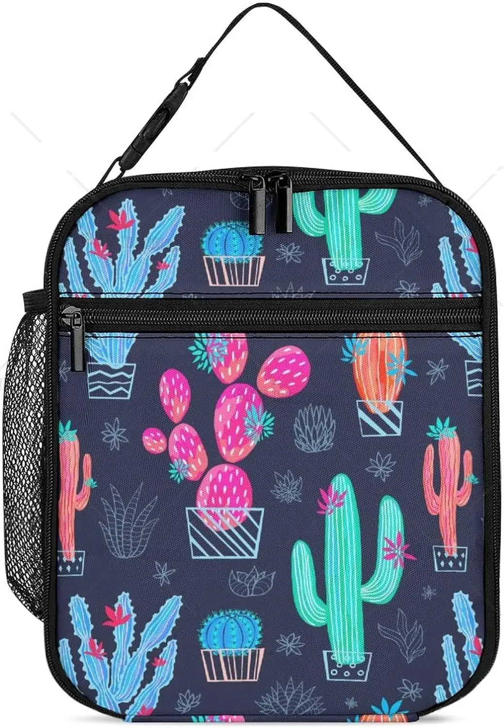 Cartoon Cactus Insulated Lunch Bag for Women Men, Reusable Portable Lunch Box with Pocket for Work Office Picnic Travel