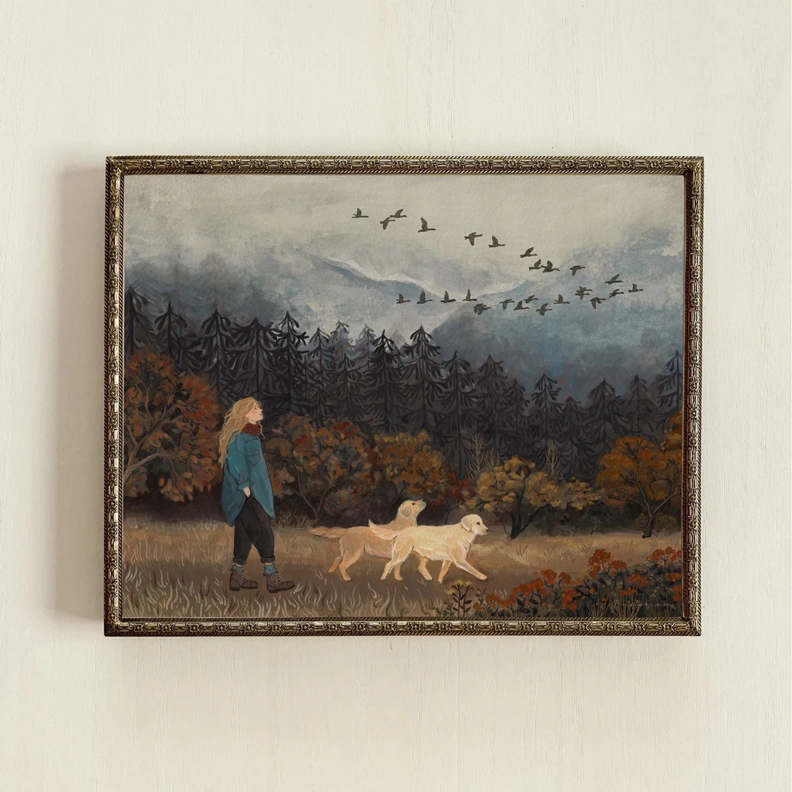 

Autumn Walks Art Print Fall Art Poster Autumn Landscape Art Autumn Landscape Art Moody Autumn Print Golden Retriever Lovers