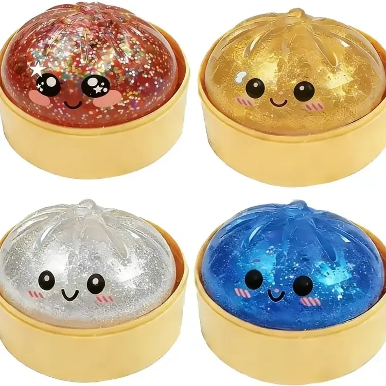 Portable Glitter Fidget Squeeze Toy, Transparent Dumpling Shaped Squishy with Steamer Box, Soft Anxiety Relief Desk Toy for Teens Adults & Kids Party Gift
