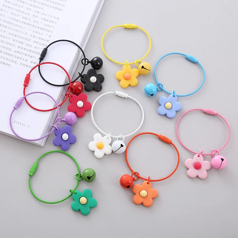 Candy Colors Flowers Key Chain Sweet Wire Rope Pendant With Bell Car Key Ring Backpack Charms Bag Decor