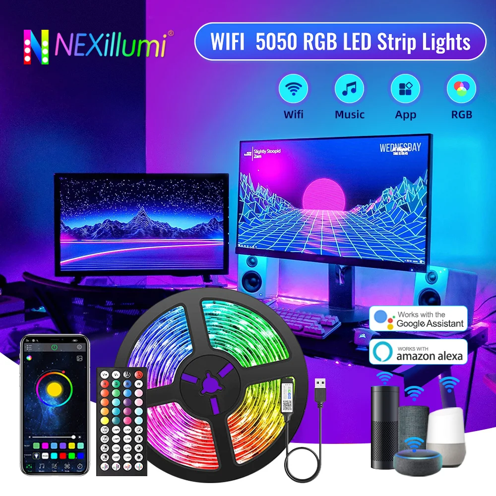 WIFI USB RGB 5050 Bluetooth LED Strip Light, 1m-10m Music Sync 5V Flexible Ribbon Alexa Smart Lights Strip for Party Room Deco