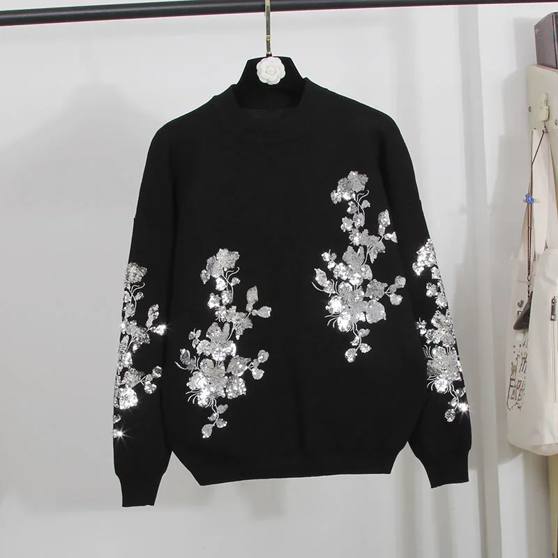 Fashion Sequins Embroidery Flower Knitted Tracksuit Women 2pc Outfits Korean Loose Casual Knit Pullover Sweater Pants Set Female