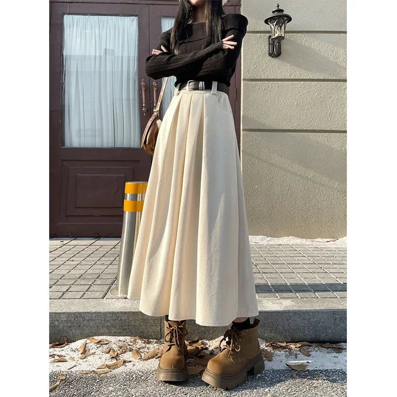 Vintage Belt Corduroy Midi Skirts Women Streetwear Black High Waist Pleated Skirt Winter Ladies Korean All Match A Line Faldas