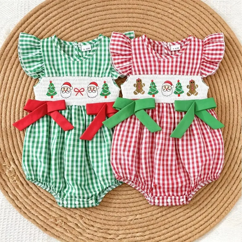 Newborn Infant Baby Girls Christmas Gingham Bubble Romper Smocked Santa Gingerbread Tree Embroidery Big Bow Holiday Outfit 0 24M