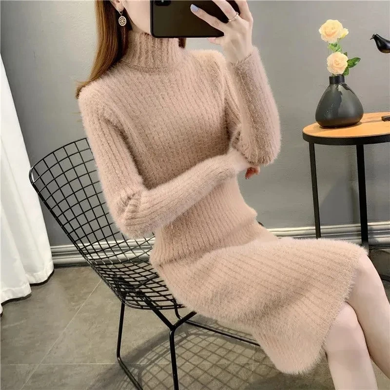 Sweater Dress Women\'s Outside Wear Fashion Slim Long Turtleneck Knitted Sweater Autumn Winter Warm Mink Velvet Knitte Base Dress