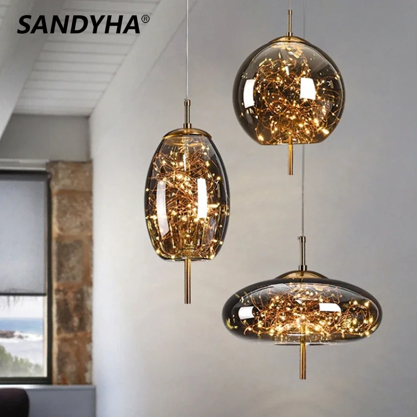 SANDYHA Nordic Gypsophila Chandelier Gold LED Strip Glass Shades Pendant Lamp Bedside Living Dining Room Table Hanging Lighting