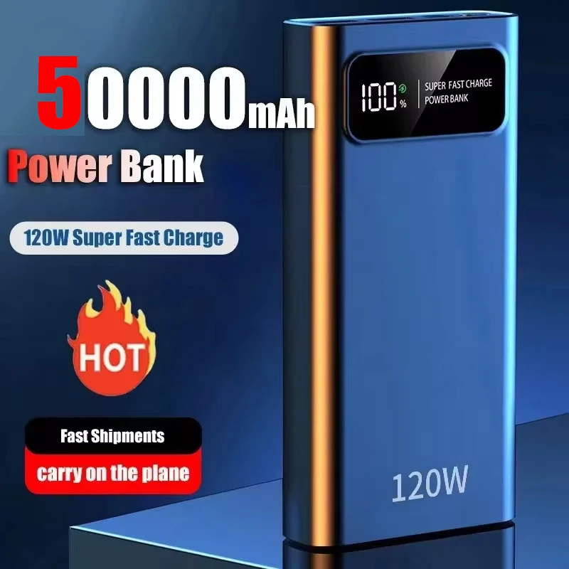Для Xiaomi Power Bank 50AH 120W Быстрая зарядка Запасной внешний аккумулятор большой емкости с цифровым дисплеем Портативный Powerbank для Iphone