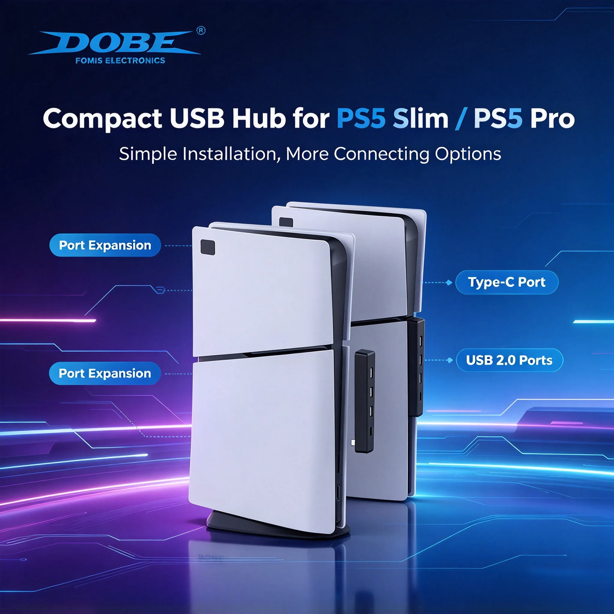USB Hub for PS5 Slim PS5 Pro 3 Port USB 2.0 Extender Type-C Charging Port Data Transfer Side Mount Adapter Accessory Black