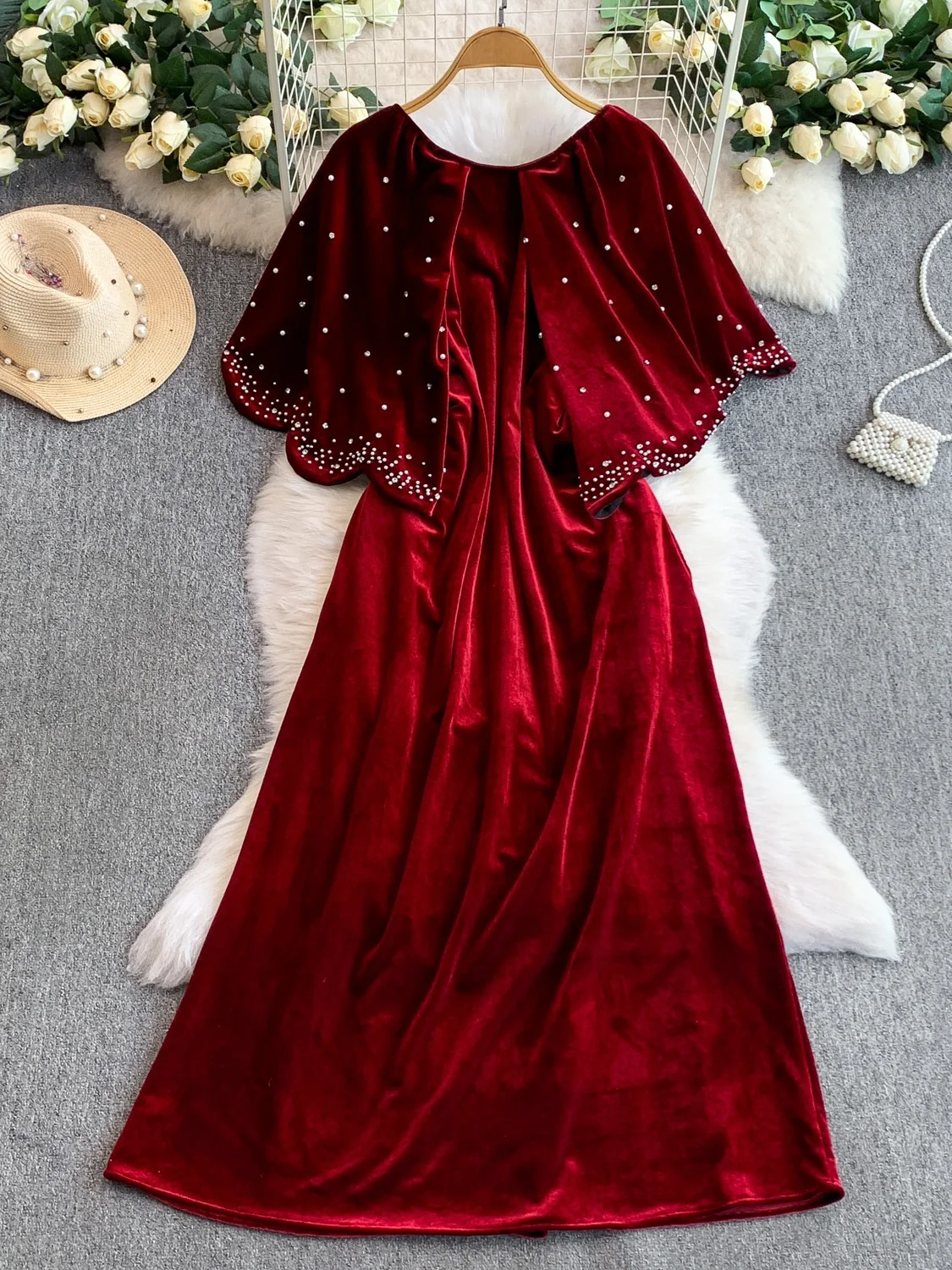 Ele Velvet Long Dr مع awl V-Ne فضفاض مناسب للزينة الثقيلة خرز الماس للخريف والشتاء للنساء Faion Dr #4