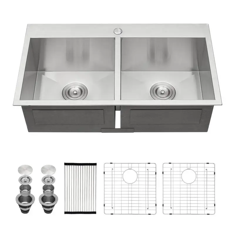 

33"x22"x9" Stainless Steel Double Bowl Kitchen Sink, 50/50 Split, 18 Gauge, Two 9" Deep Basins, Drop-in Design