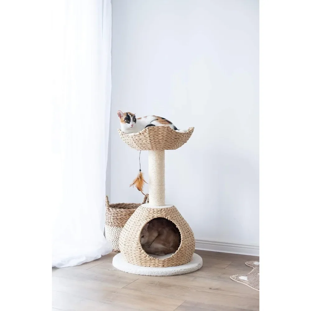 

2 Level Handwoven Paper Rope Nest Cat Bed and Large Handwoven Cat Basket Hideaway with Washable Cushions,