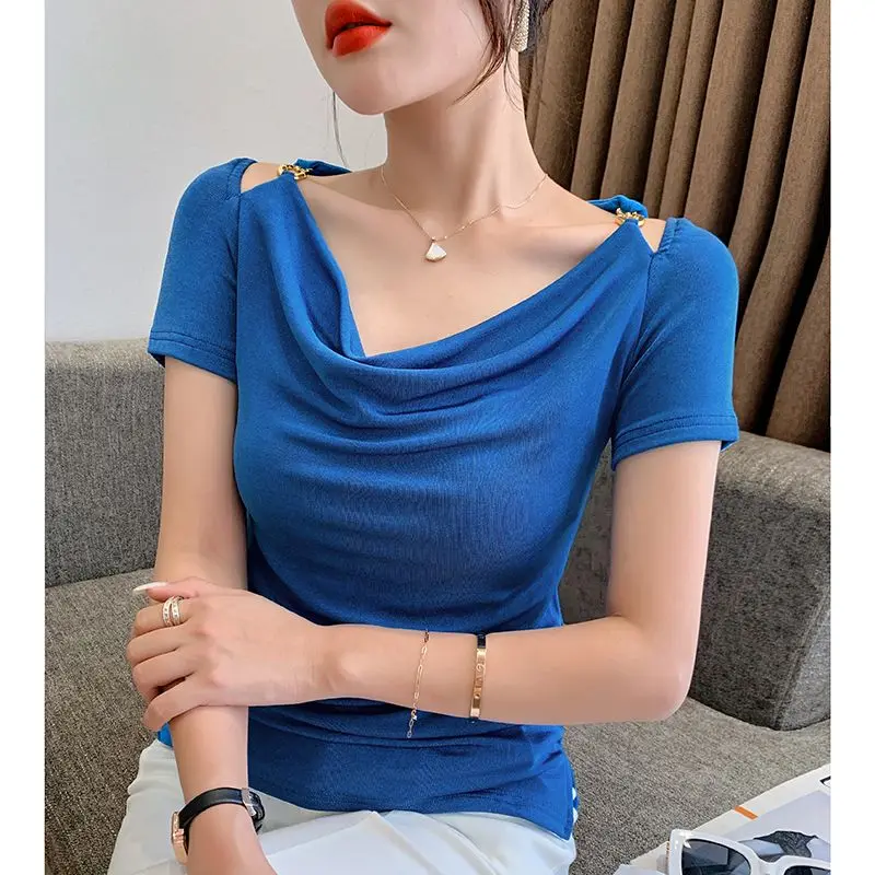 European Summer Clothing Fashion Versatile New Korean Style Off-shoulder Chain Decoration Slim T-shirt for Women Ins Fashion