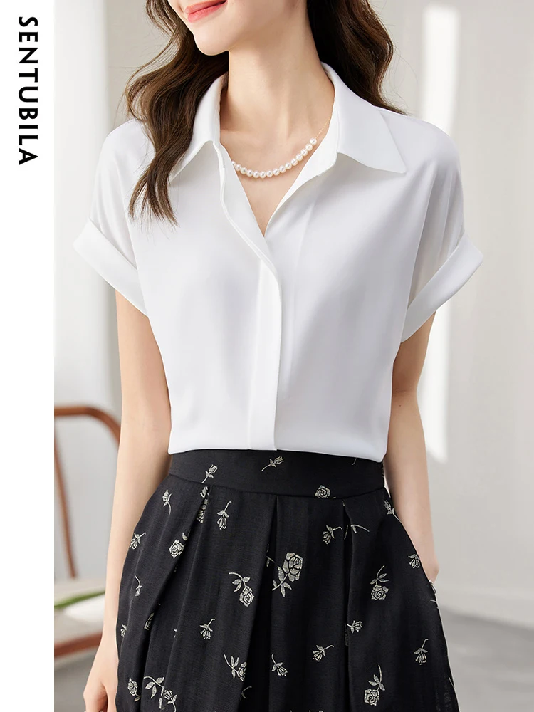 

SENTUBILA Vintage Elegant White Chiffon Shirts Women Summer Tops 2024 Beading Raglan Sleeves Turn Down Collar Fashion Blouses