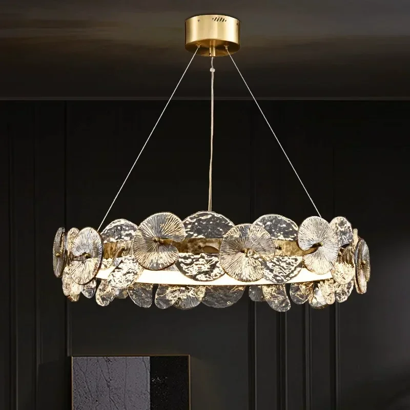 GHJUYIOL modern copper crystal chandelier, dining room, bedroom, LED circular chandelier