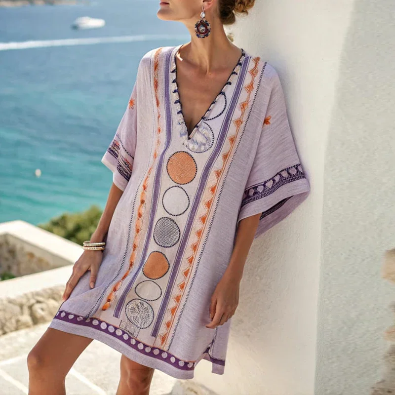 2025 Summer Casual Beach Holiday Dress Women Deep V Neck 3/4 Sleeve Mini Dresses For Women Vintage Printed Party Dress Boho