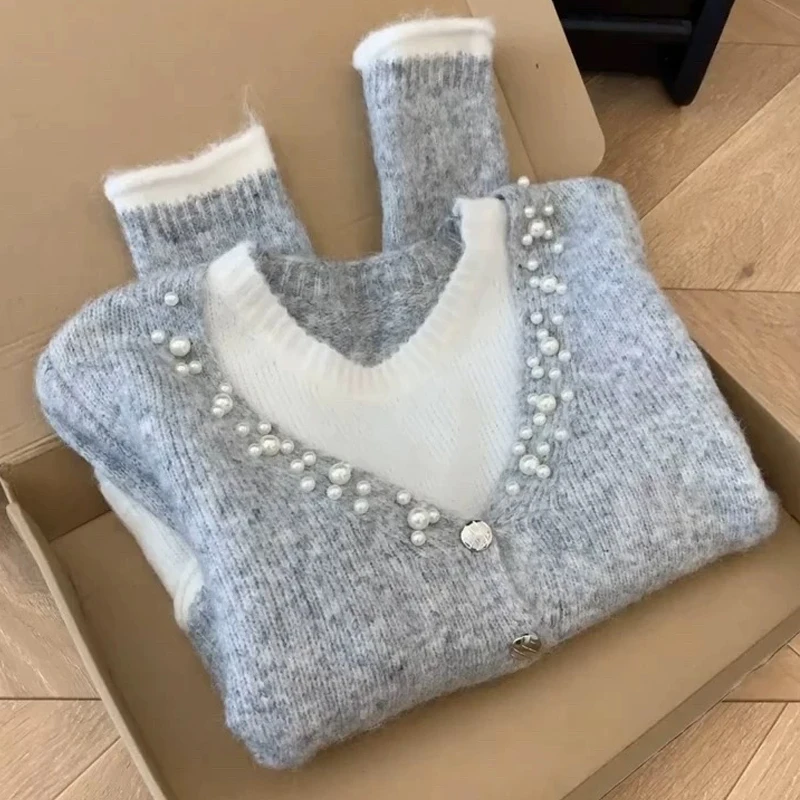 

Женский вязаный свитер с богатой отделкой, осенне-зимний, модный, с цветовыми блоками, имитация двухслойности, милый, с длинными рукавами, круглый вырез