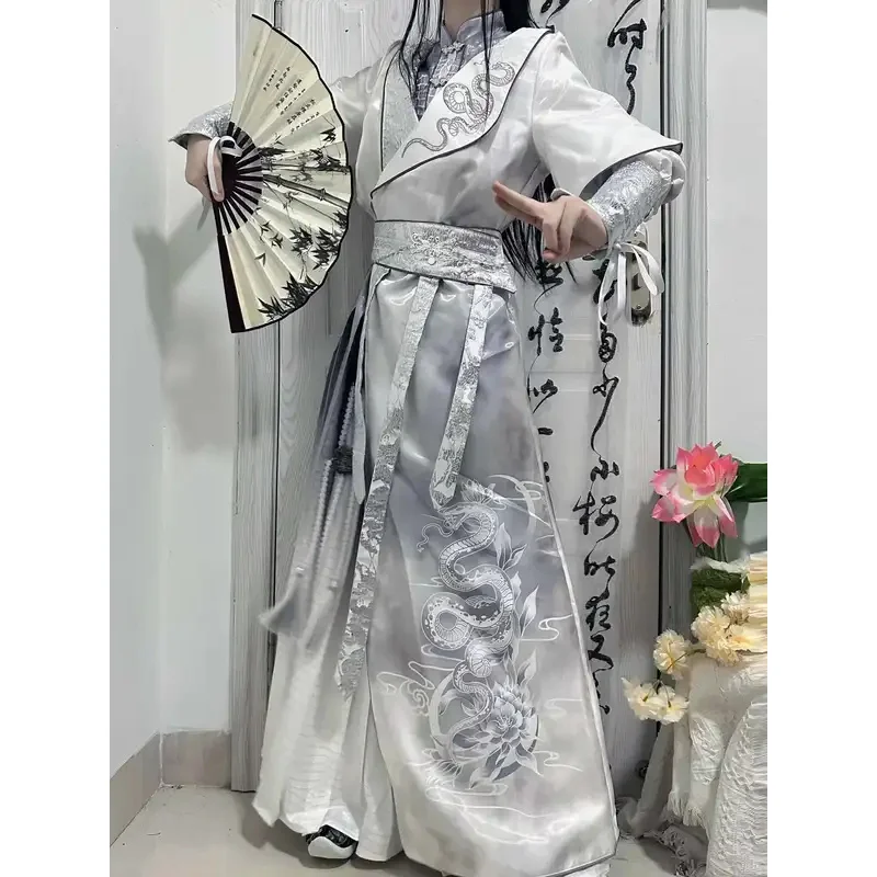 

New Chinese Style Silver Snake Improve Hanfu Round Neck Robe Dress Suit Guofeng Cos Cosplay Halloween Carnival