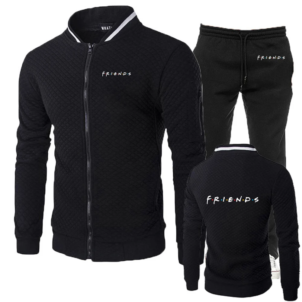 

2026 Spring And Autumn Men's Friends Tv Show Logo Print Round Neck Slim Fit Clean and Simple Zipper Hoodies Pants Suits