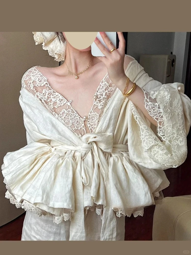 

French Elegant Lace Splicing V-neck Long-sleeved Shirt Women's Summer Loose Beautiful Tops Korea Chic Design Party Outfits 2025