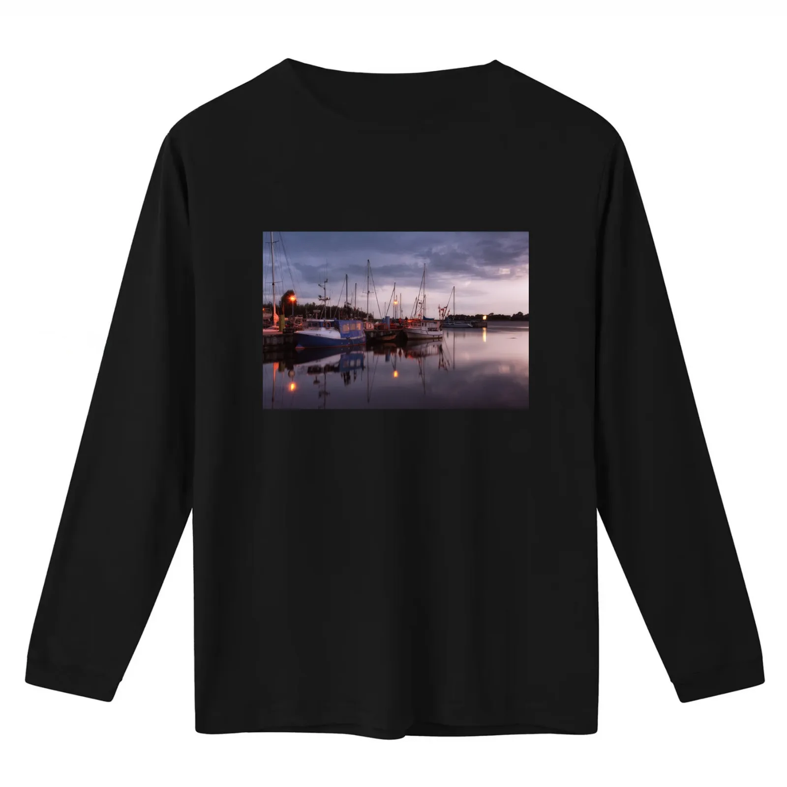 Fishing Boats in Thiessow Harbour at Dusk Ruegen Germany T-Shirt Summer Casual Cotton Tee Oversized Streetwear Tops