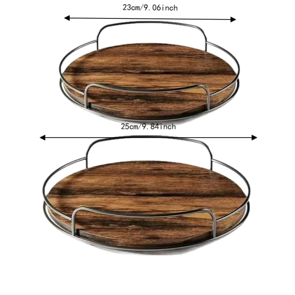 2 Piece Round Wooden Rotating Tray Metal Guard Rail Strong Load-bearing Capacity Seasoning Bottle Organizer Turntable 6
