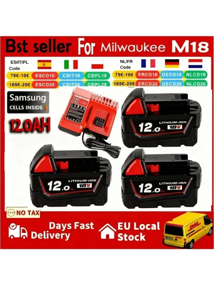 Akumulator 18V 12,0Ah, zamiennik akumulatora litowo-jonowego Milwaukee M18, do narzędzi Milwaukee 18V M18 48-11-2830 0730-20. — 2