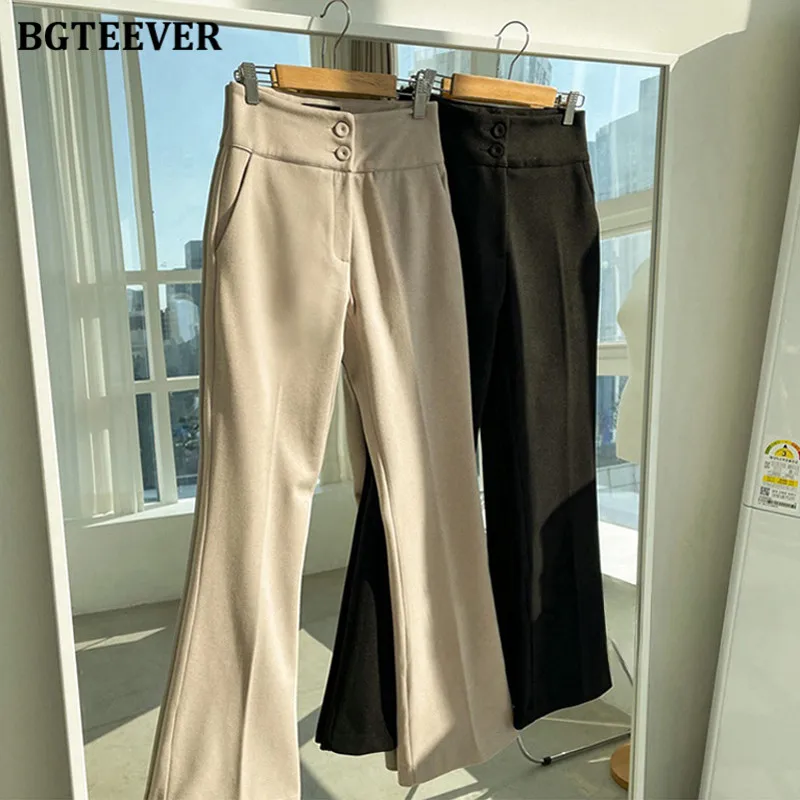 BGTEEVER Stylish High Waist Thick Ladies Flare Pants Double-buttons Autumn Winter Warm Women Woolen Pants