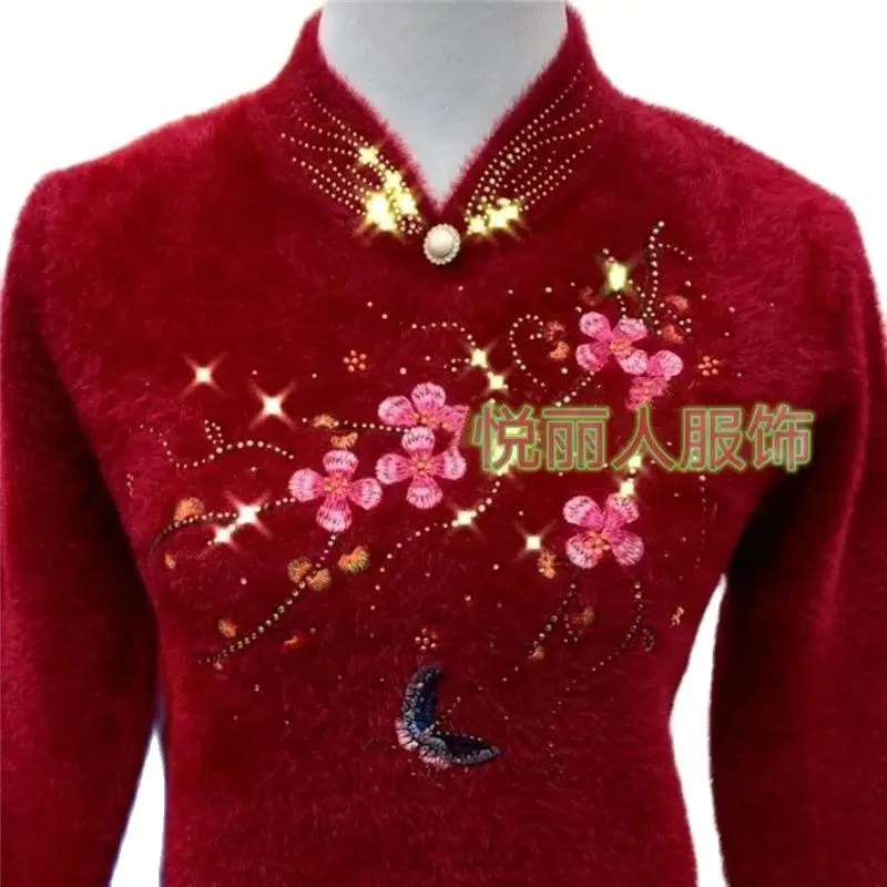 

Middle-Aged And Elderly Mom Autumn Winter New Knitwear Thicken Diaorong Embroidered Women Sweater Fashion Bottoming Shirt