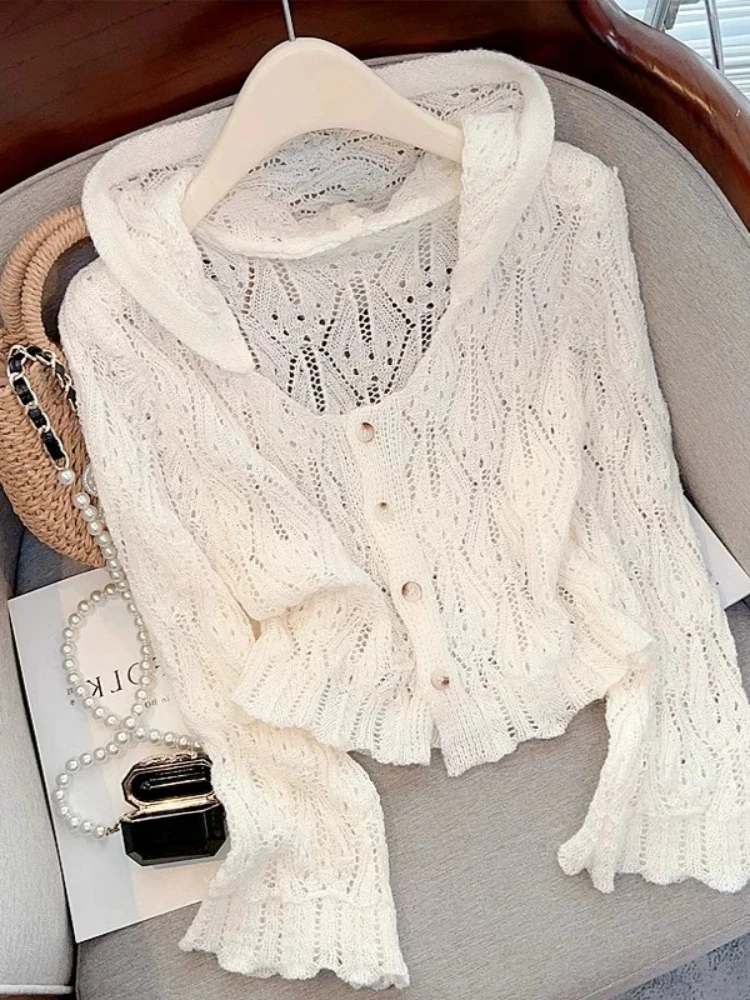 Casual All Match Thin Cardigan Hooded Flare Sleeve Solid Color Hollow Out Sweaters Spring Simple Knit Crop Tops Women's Clothing