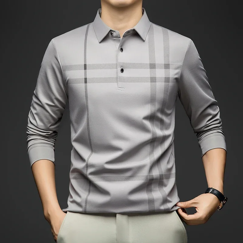 

BROWON Graphic Polo Shirt Men 2025 Autumn New Business Slim Long Sleeve T Shirt Man Casual Loose Printed Striped Clothes for Men