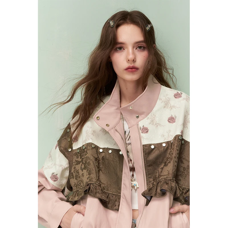 ELFSACK Damen-Jacke mit Patchwork-Blumendruck und Rüschen, kurze Bomberjacke, Streetwear, übergroßes, langärmliges, lässiges Frühlingstop