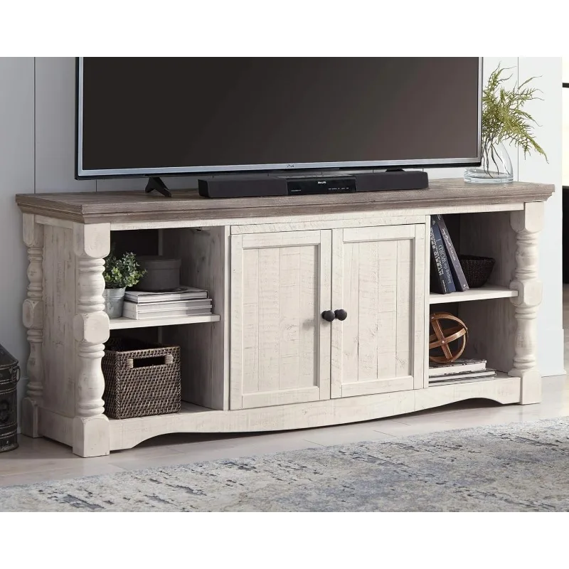 Farmhouse TV Stand 2-Door Cabinets and Shelves for Storage and Single Cabinet with Double Doors and 2 Open Shelves with Cutouts