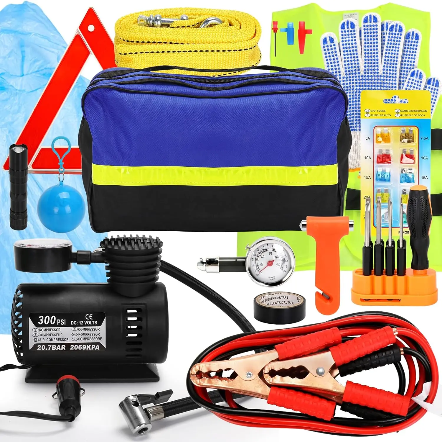 Kit de seguridad para automóvil, kit de emergencia en carretera de 14 piezas con cables de puente, compresor de aire, correa de remolque: equipo esencial para viajes y acampada