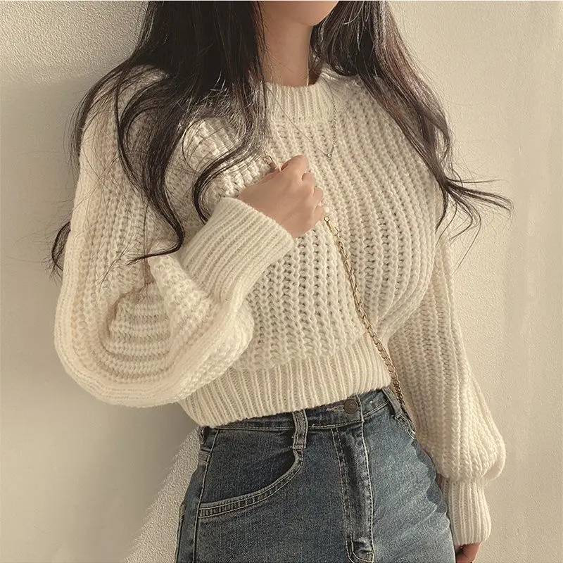 

New autumn and winter niche versatile round neck sweater for women, loose, lazy, waisted, short knitted top for small people