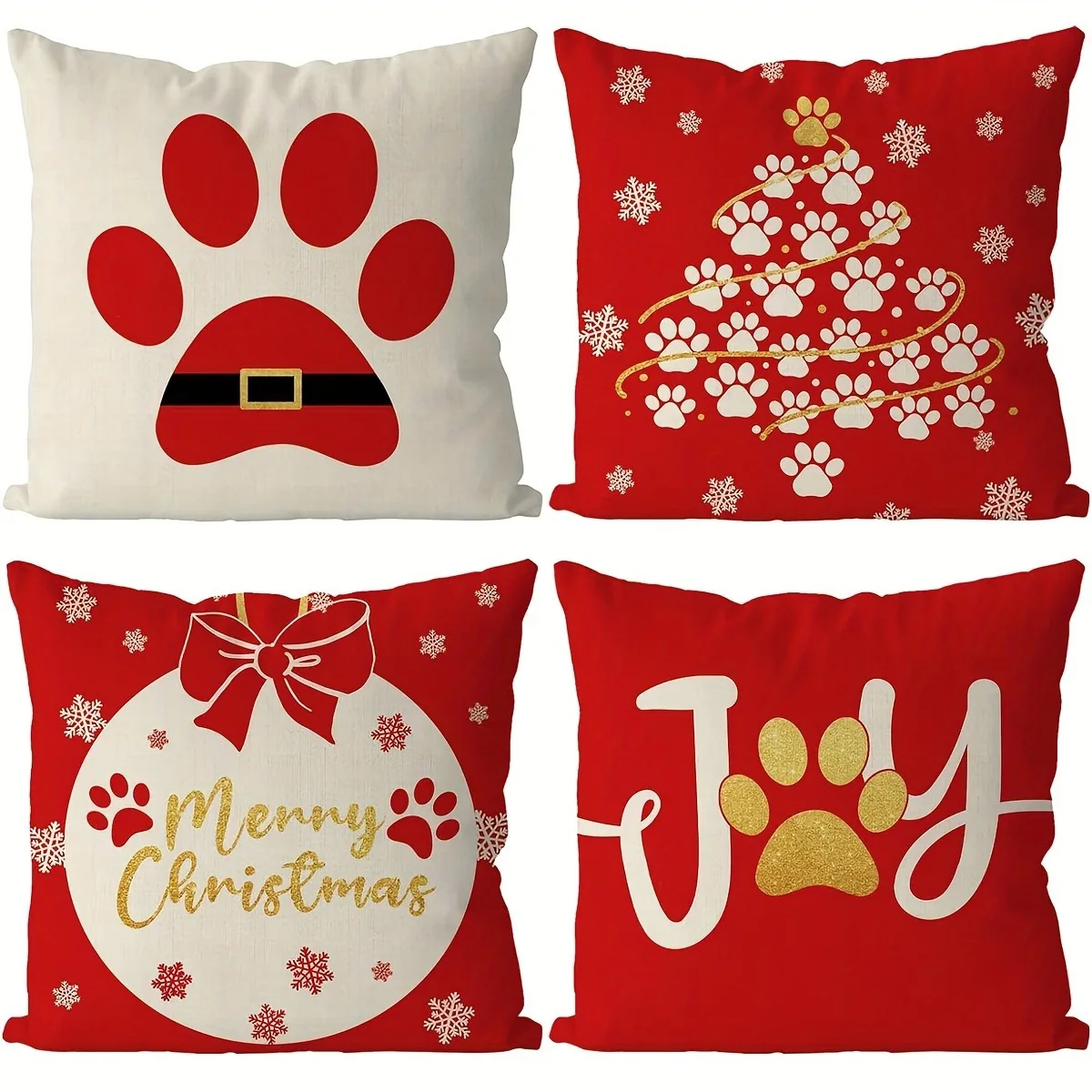 Christmas Pillow Covers - Polyester | Dog Paw Print & Letter Pattern | (No Pillow Inserts)