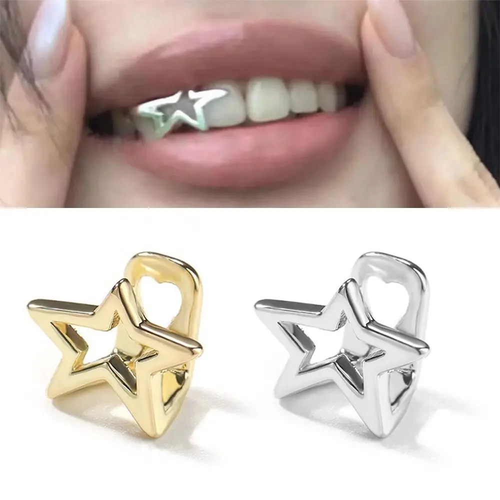 Copper Hip Hop Teeth Grillz Gold Color Silver Color Single Clips Grillz Punk Irregular Hollow Pentagram Star Tooth Caps Dental